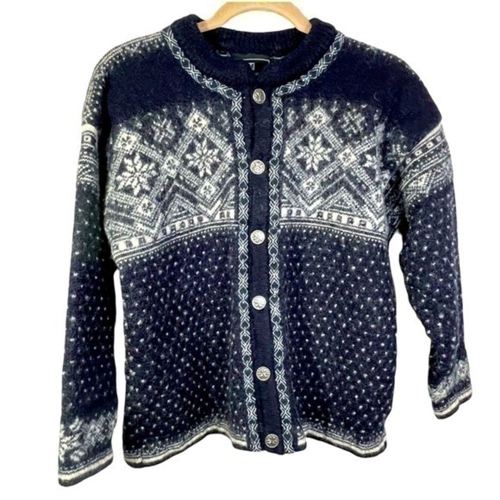 Vintage DALE OF NORWAY Classic Black Fair Isle Wool Knit Cardigan Sweater Size M